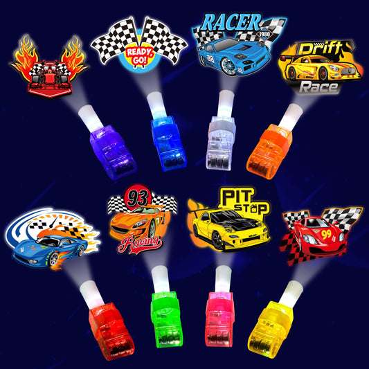 POPOOO 24-pack LED finger lights with race car designs for party favors.