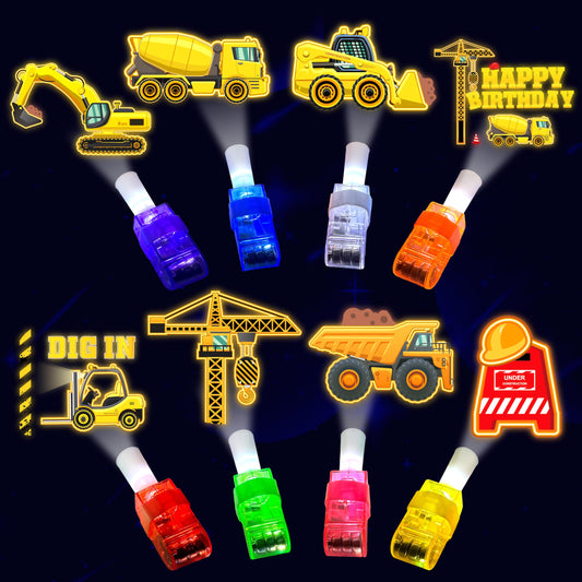 POPOOO LED finger lights with construction designs glow to energize birthday party decor.