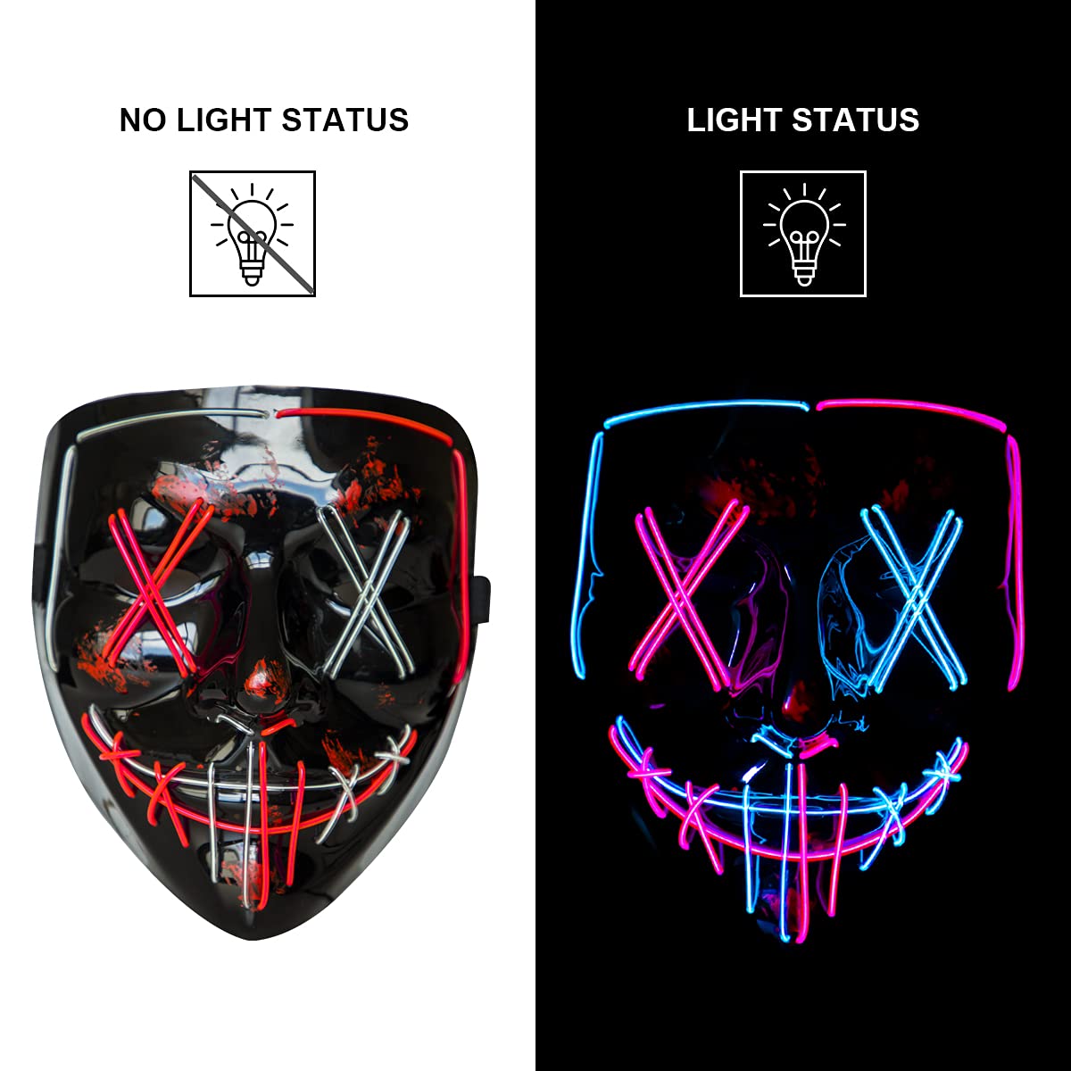Poptrend LED light-up mask worn by model at party showcasing vibrant festival ambiance.