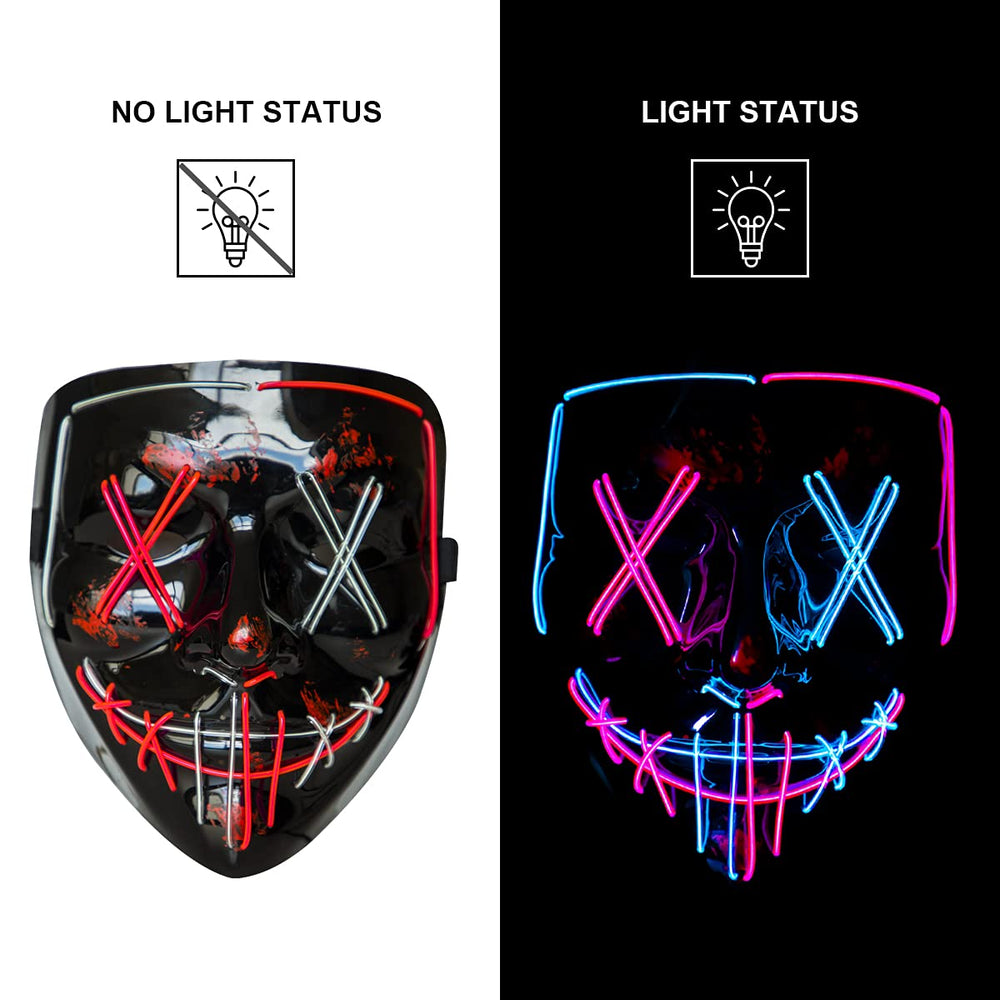 Poptrend LED light-up mask worn by model at party showcasing vibrant festival ambiance.