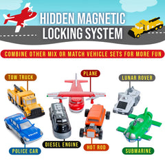 Popular Playthings Magnetic Vehicles assembly close-up emphasizes locking system safety.