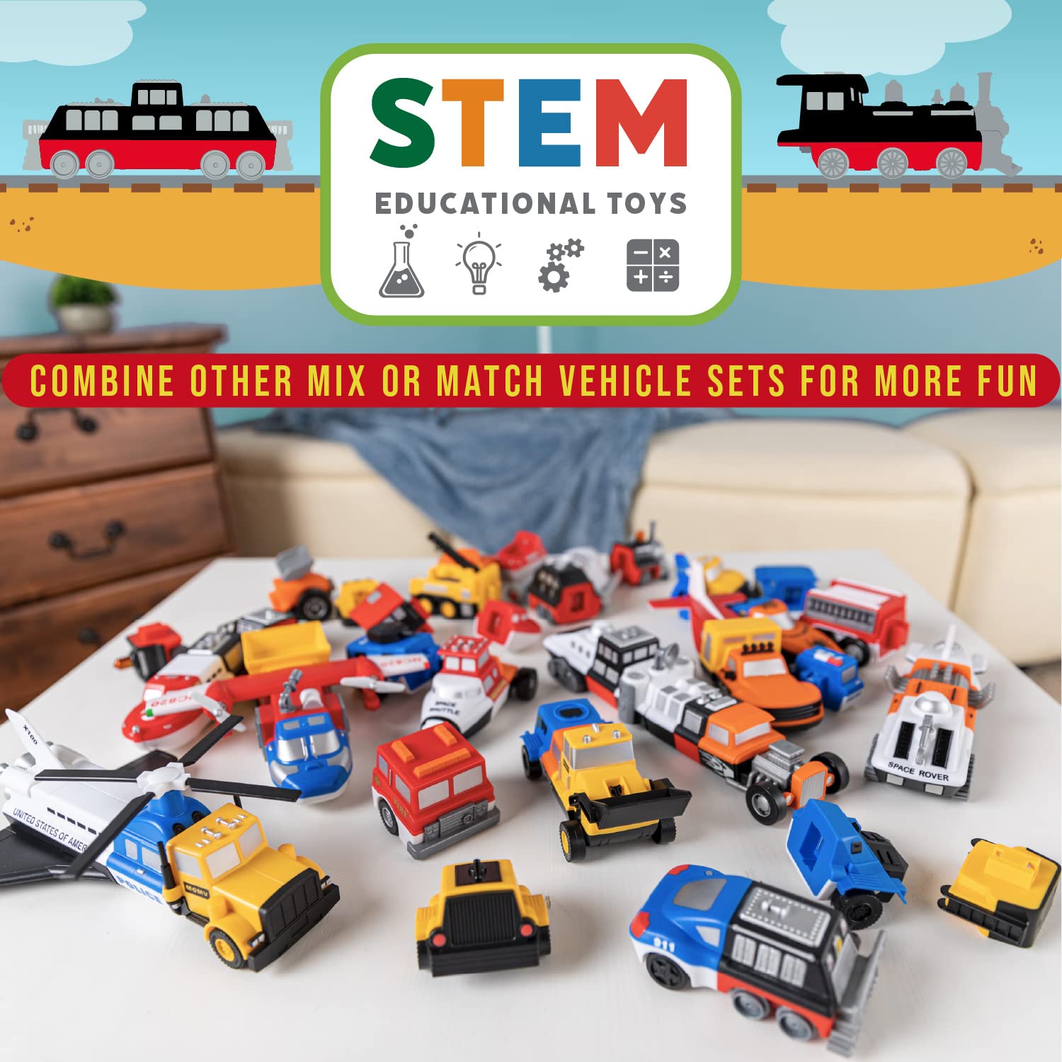 Popular Playthings magnetic vehicles child playing highlights bright colors and easy magnet connections.