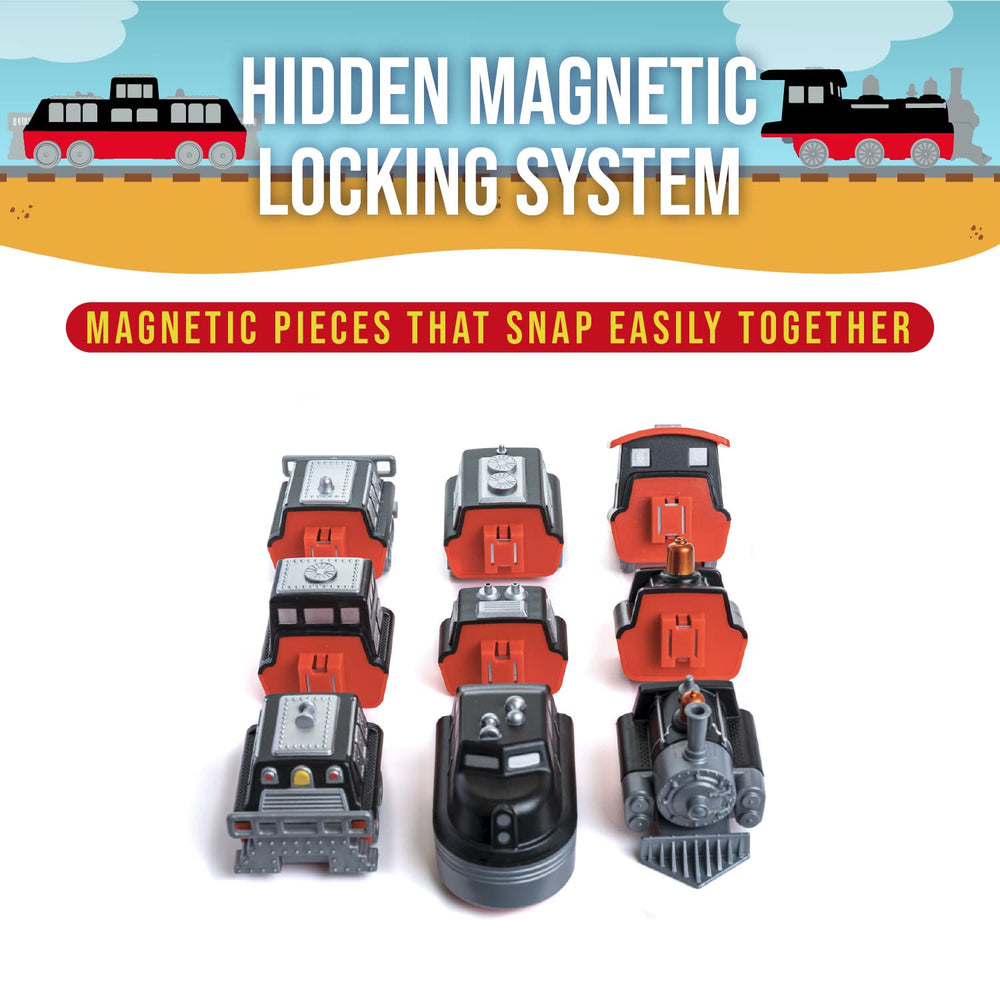 Popular Playthings magnetic vehicles mix-and-match encourages collaborative pretend play among siblings.