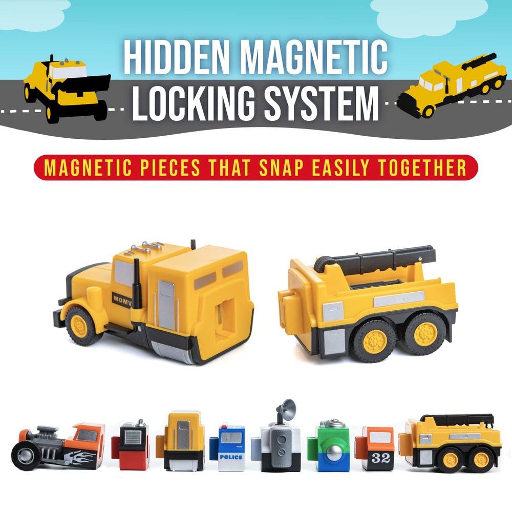 Popular Playthings magnetic vehicles mix-and-match for endless imaginative combinations.