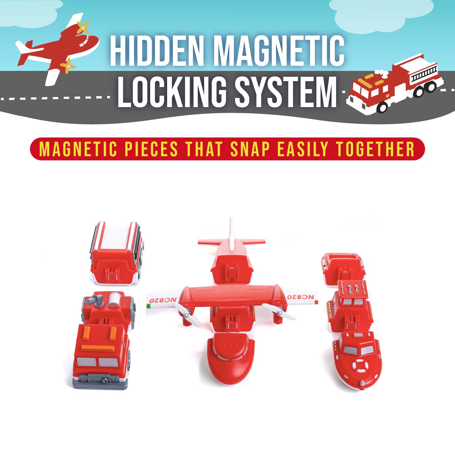 Popular Playthings nine-piece set enables dozens of vehicle combinations.