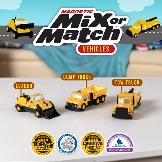 Popular Playthings magnetic vehicles tow truck enhances imaginative play on a busy construction site.