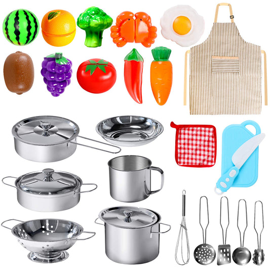 POPUTOY 28pcs kitchen playset assembled for imaginative cooking fun and pretend play.