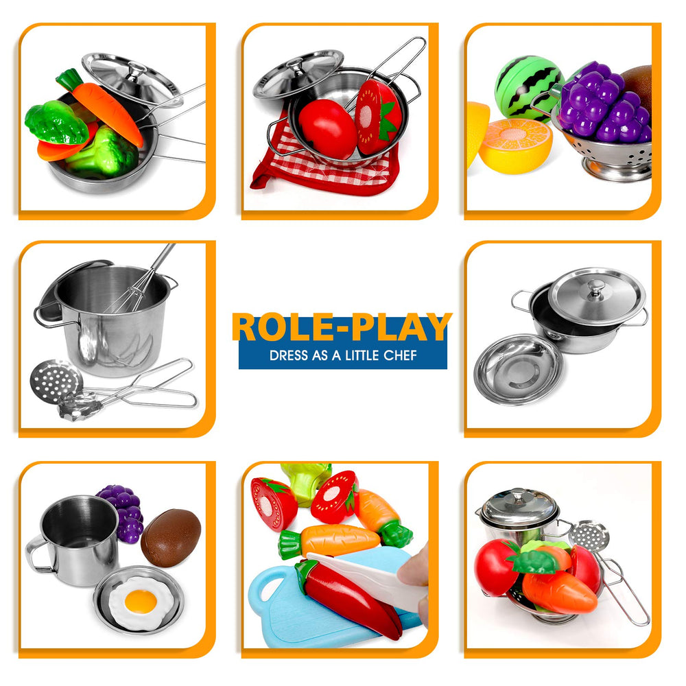 POPUTOY stainless steel cookware set provides durable, dishwasher-safe tools for safe pretend cooking.
