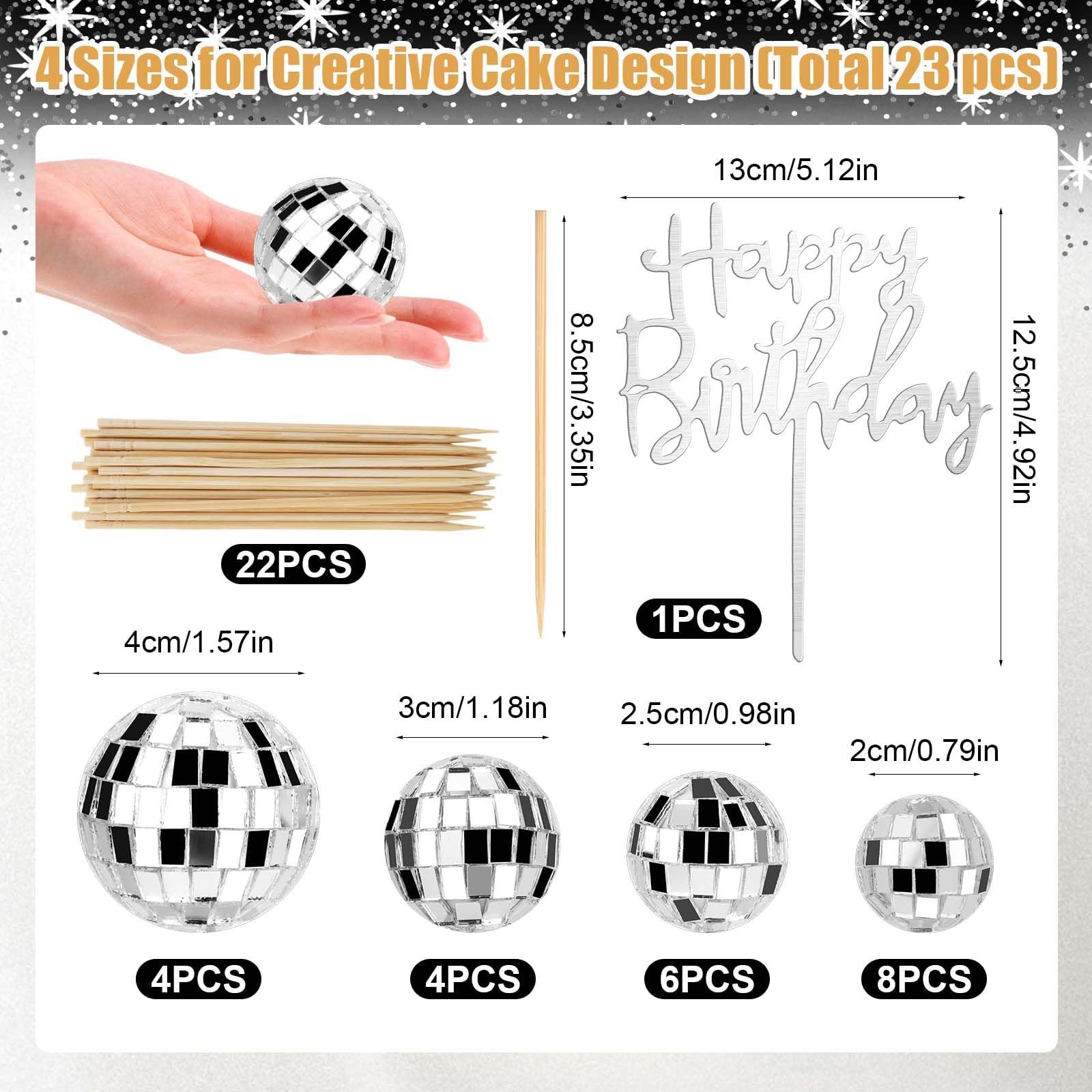 PORANDIA disco ball toppers in 3 cm brighten treats for fun party vibes.