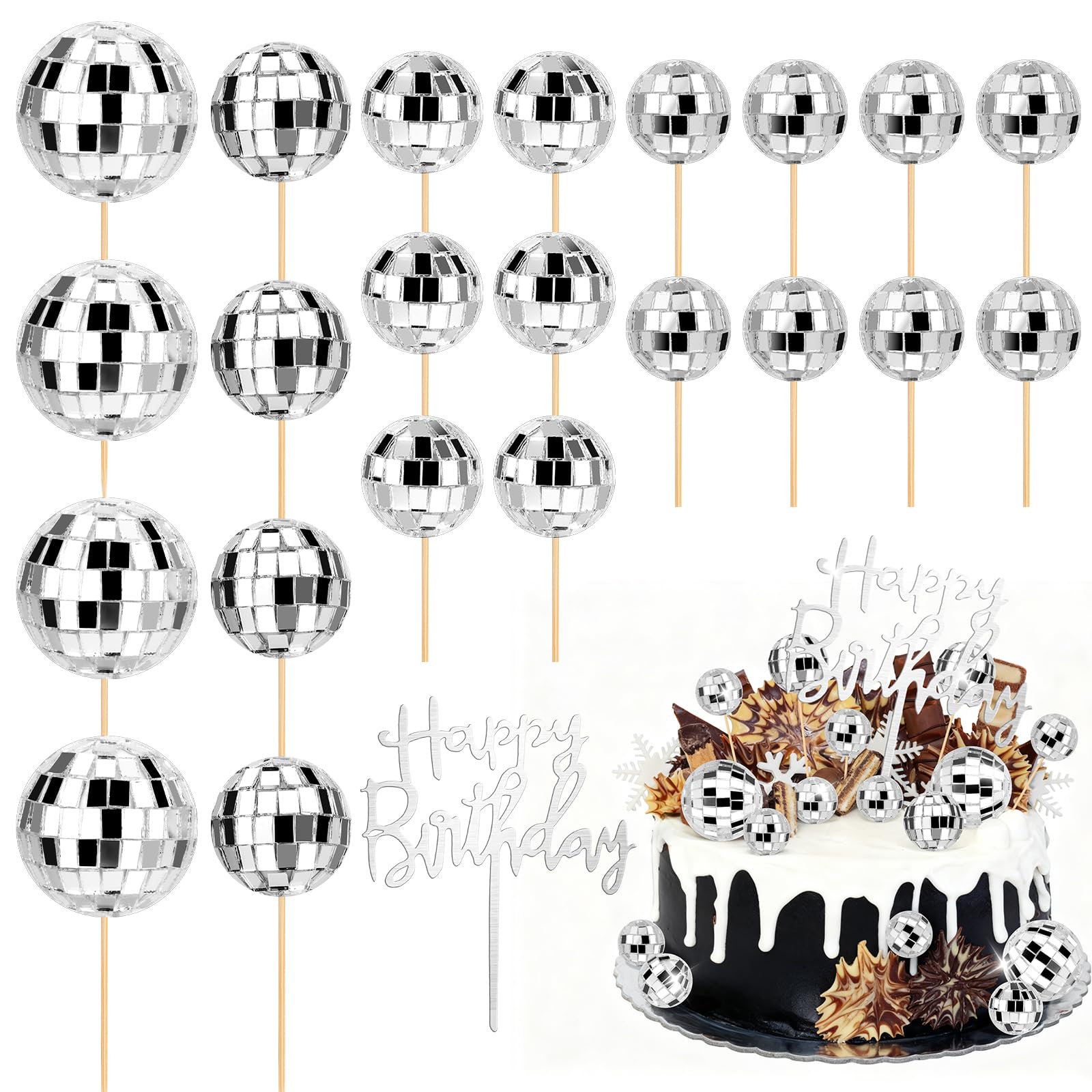 PORANDIA disco ball cupcake toppers in 4 cm add sparkle to cupcakes.