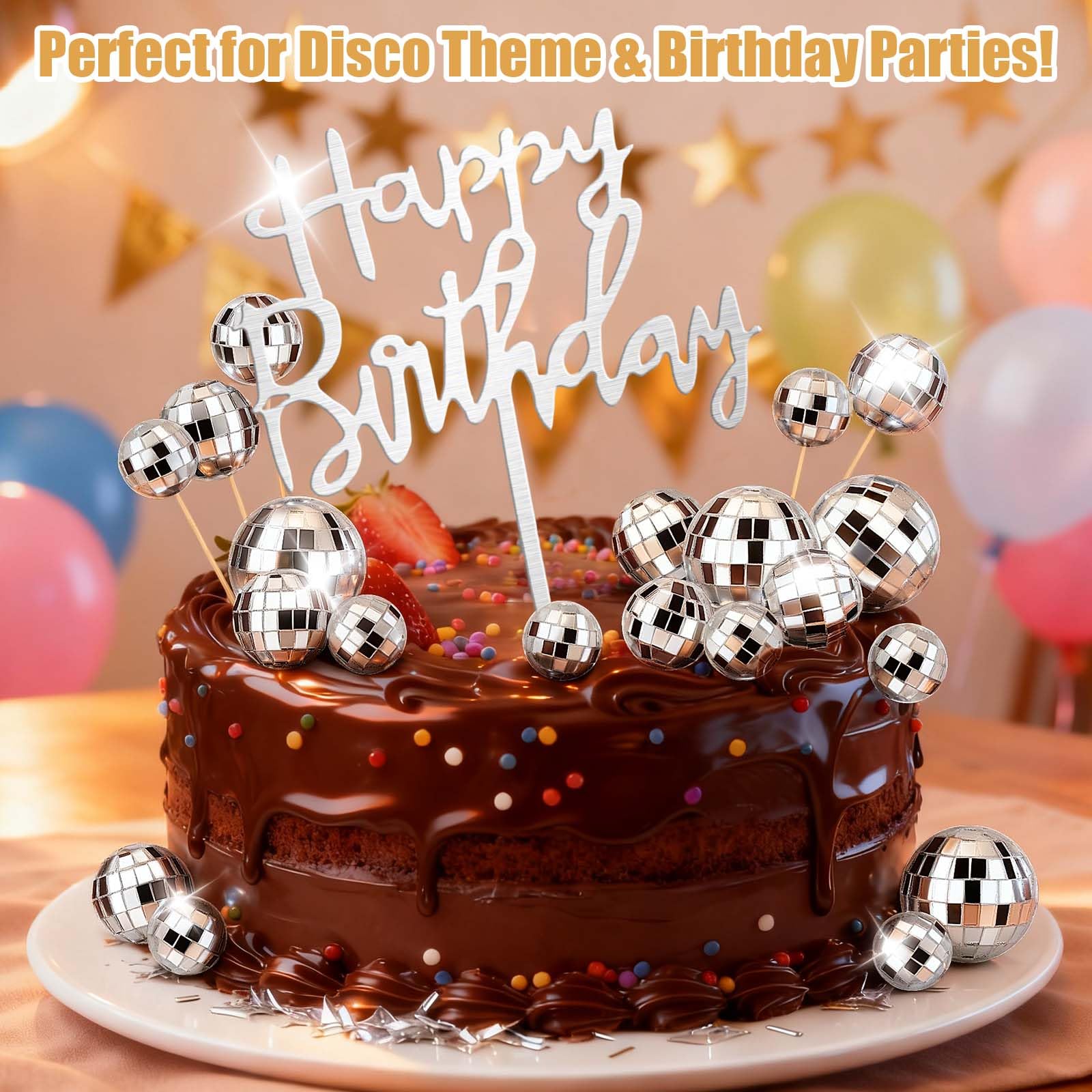 PORANDIA Happy Birthday silver topper, double-sided for a polished cake centerpiece.