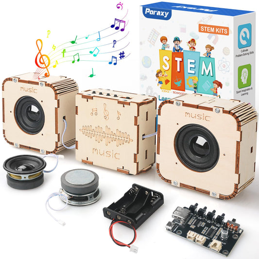 Poraxy STEM speaker kit in progress showing laser-cut panels for hands-on learning