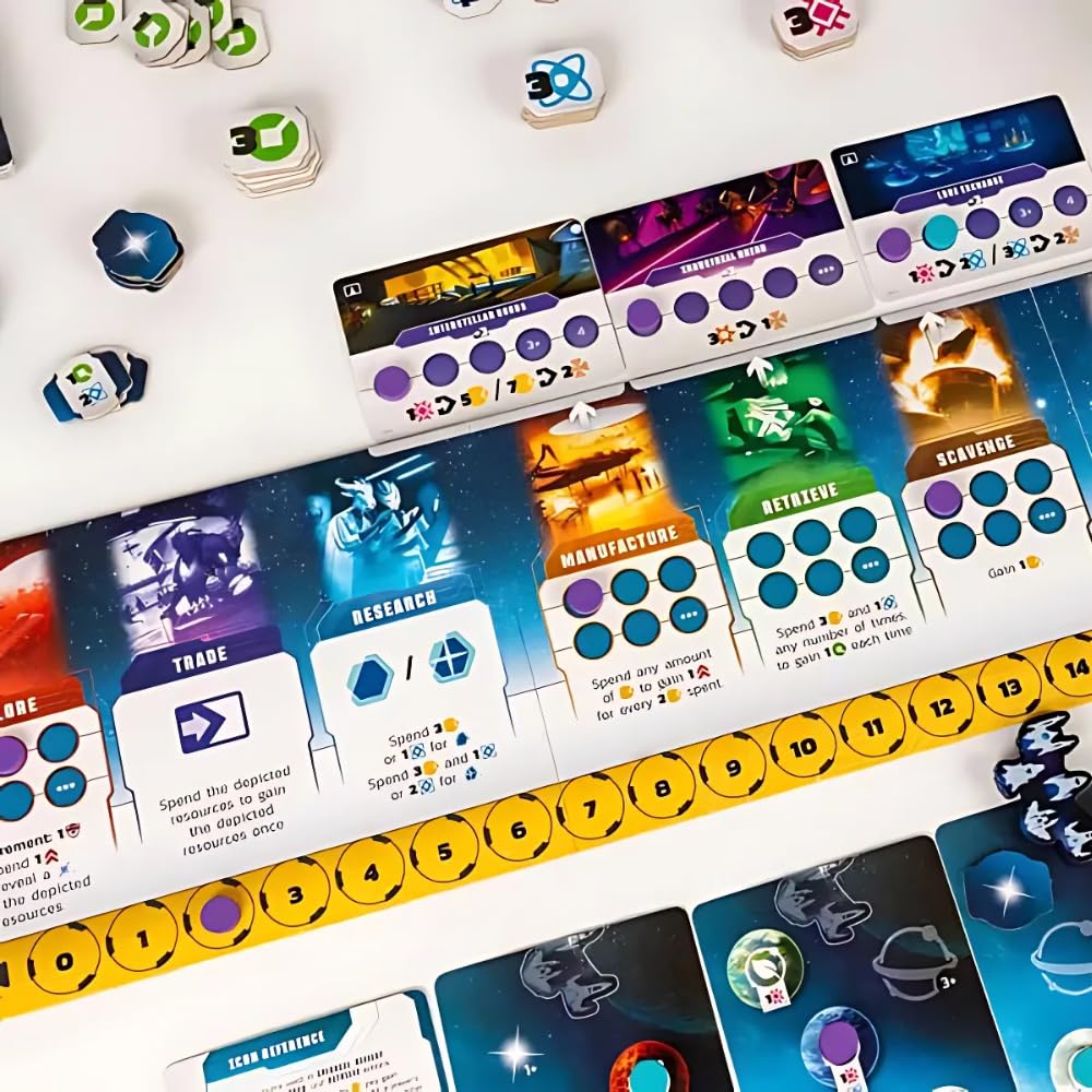Portal Games Age of Galaxy Second Edition cards laid out highlighting 40 factions for diverse strategies.
