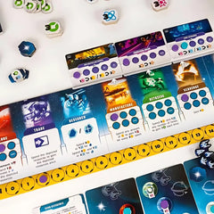Portal Games Age of Galaxy Second Edition cards laid out highlighting 40 factions for diverse strategies.