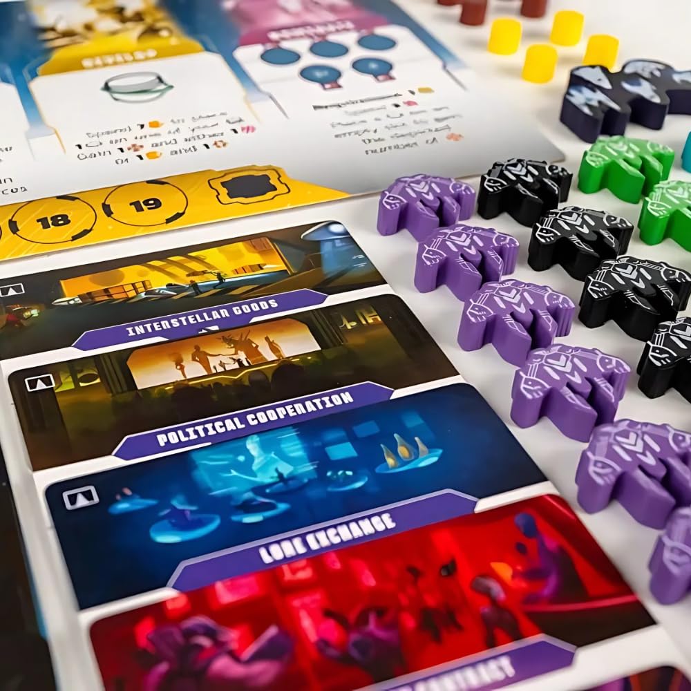 Portal Games Age of Galaxy Second Edition player boards and tokens arranged for fast play.