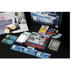 Portal Games Detective Blue setup for a cooperative game night with friends.