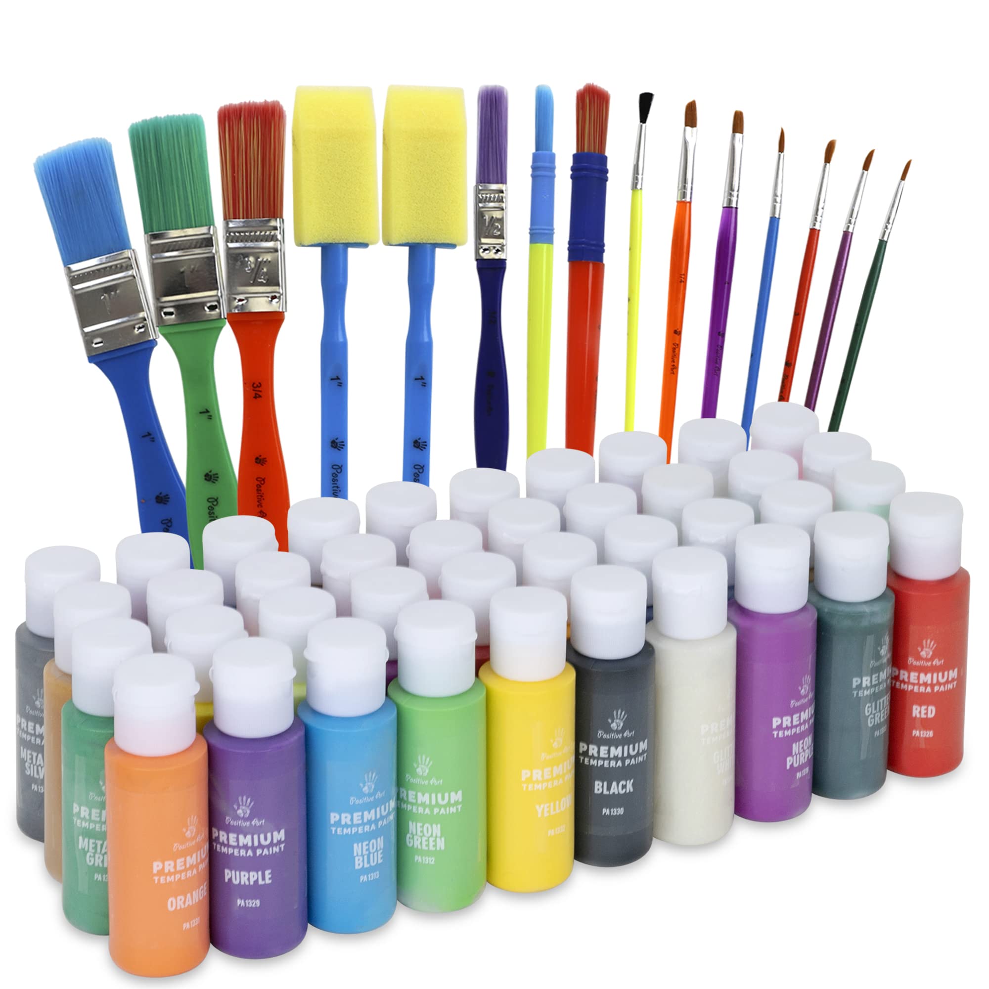 Positive Art kids tempera set with 40 color bottles for easy DIY art projects.