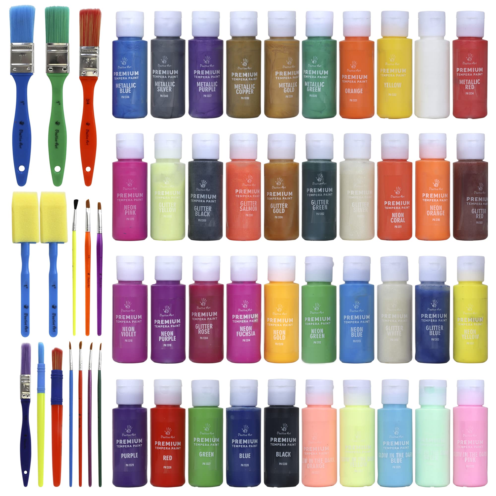 Positive Art metallic neon glow tempera paints add punch to bold art designs.