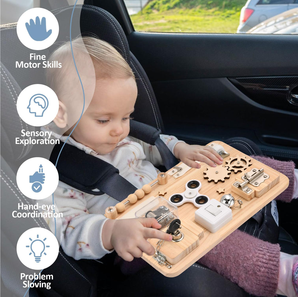 Potatomato Busy Board foldable stand enables versatile play on floor or table.