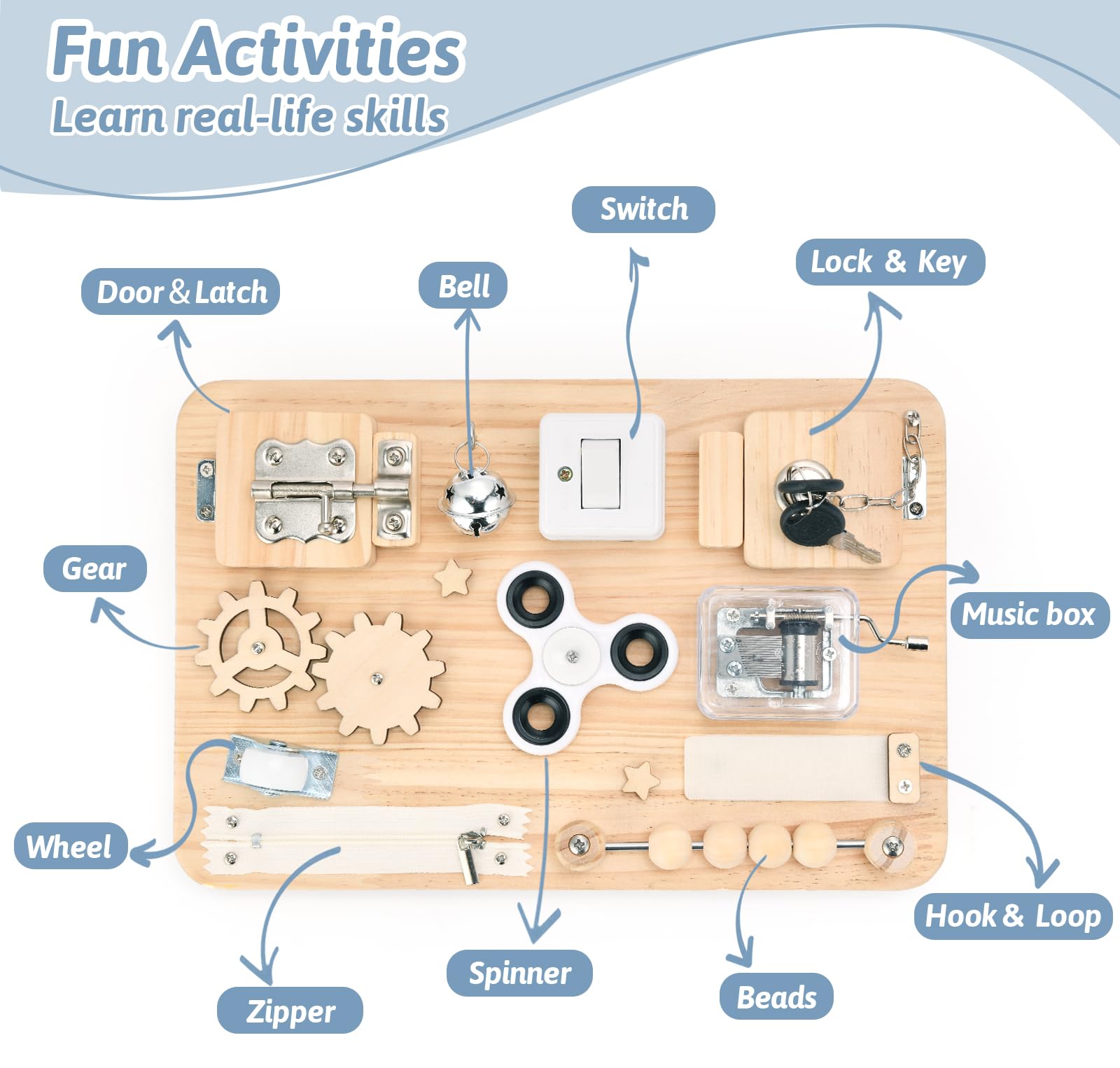 Potatomato Busy Board gears promote quick thinking and tactile discovery.