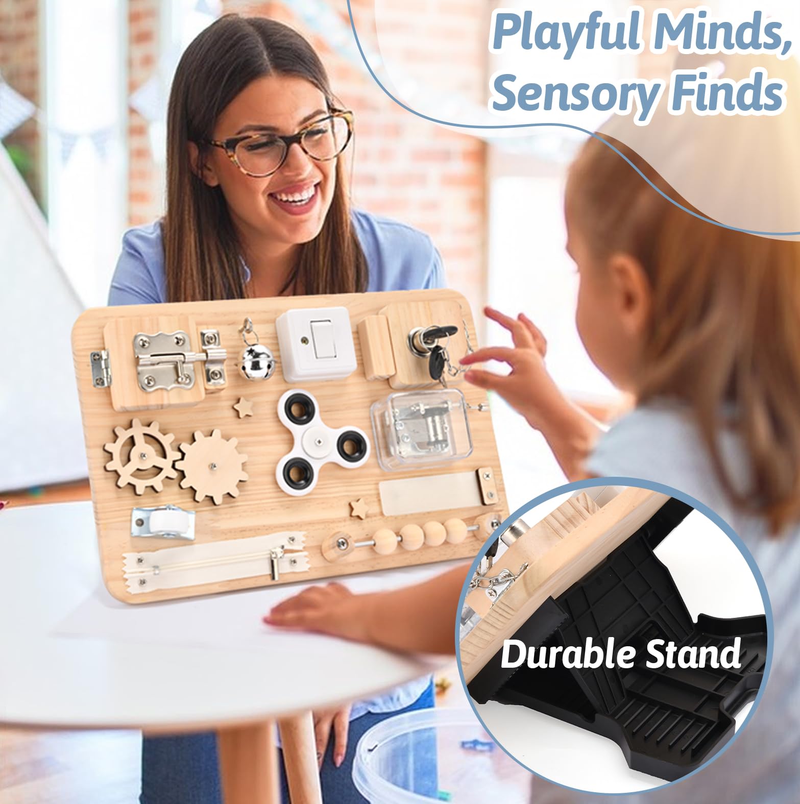 Potatomato Busy Board safe durable pine wood with smooth edges.