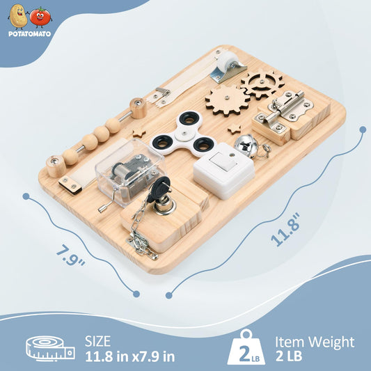 Potatomato Busy Board switches invite hands-on exploration and cognitive skill-building.