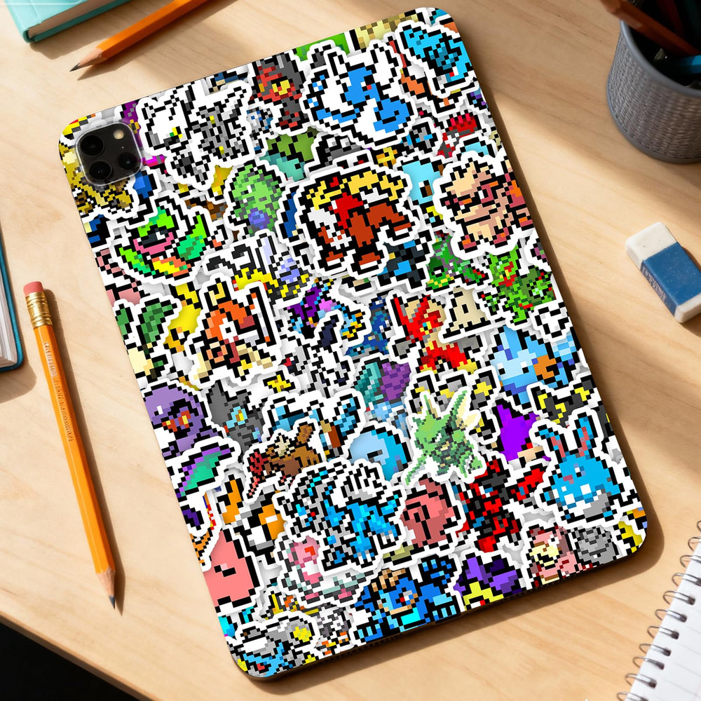 Pounchi retro video game stickers on a skateboard boost personality with durable vinyl.