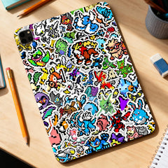 Pounchi retro video game stickers on a skateboard boost personality with durable vinyl.