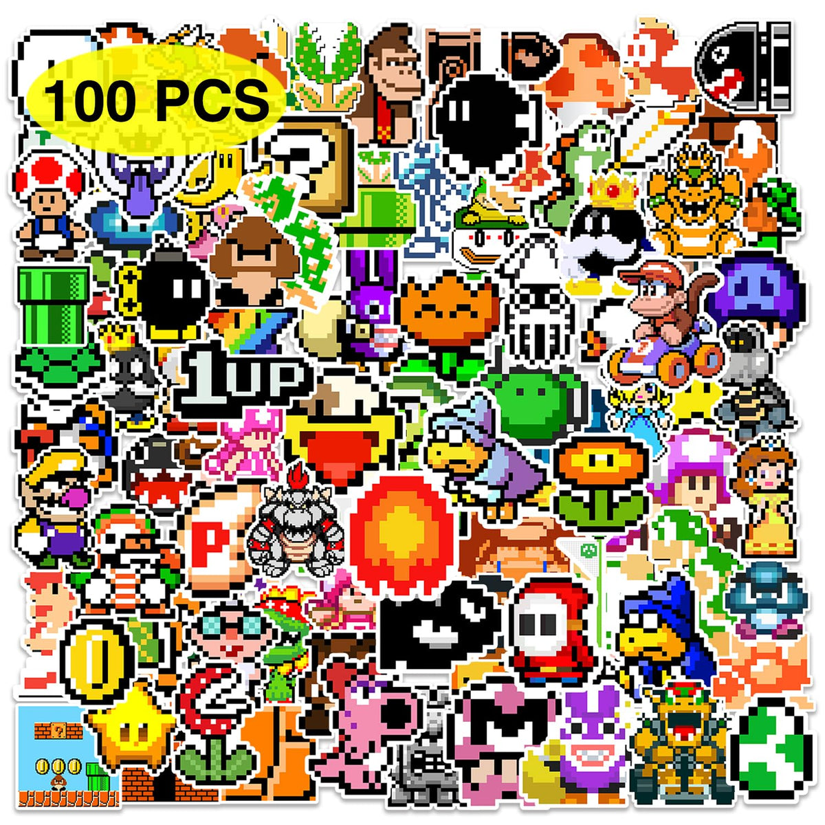 Pounchi pixel video game stickers—colorful, ideal for laptops and water bottles.