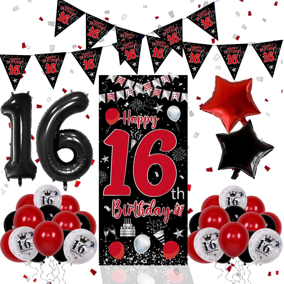 Pounira 16th birthday door banner red and black for a bold entry and photo moment.
