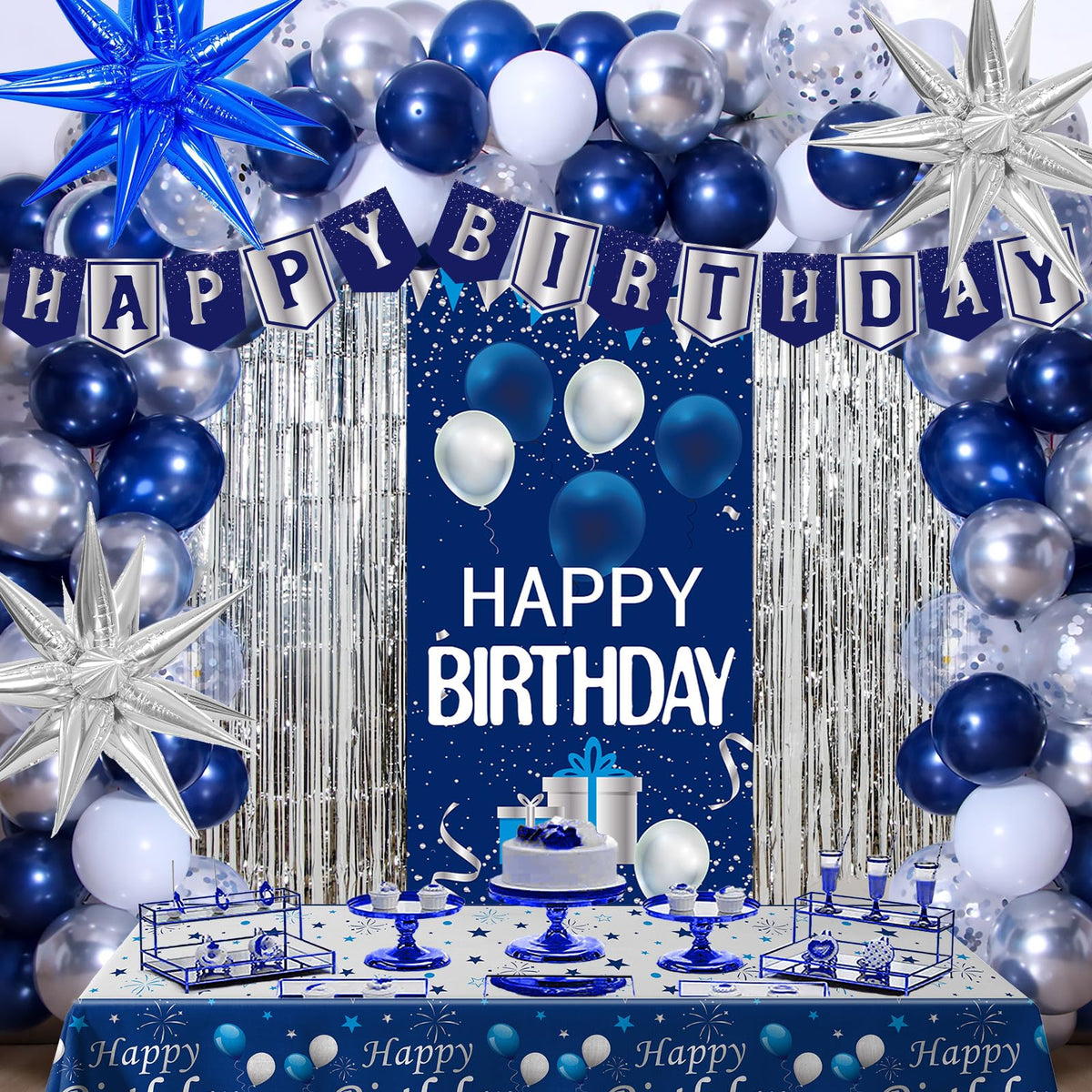 Pounira blue birthday door banner creates a festive entry for guests.