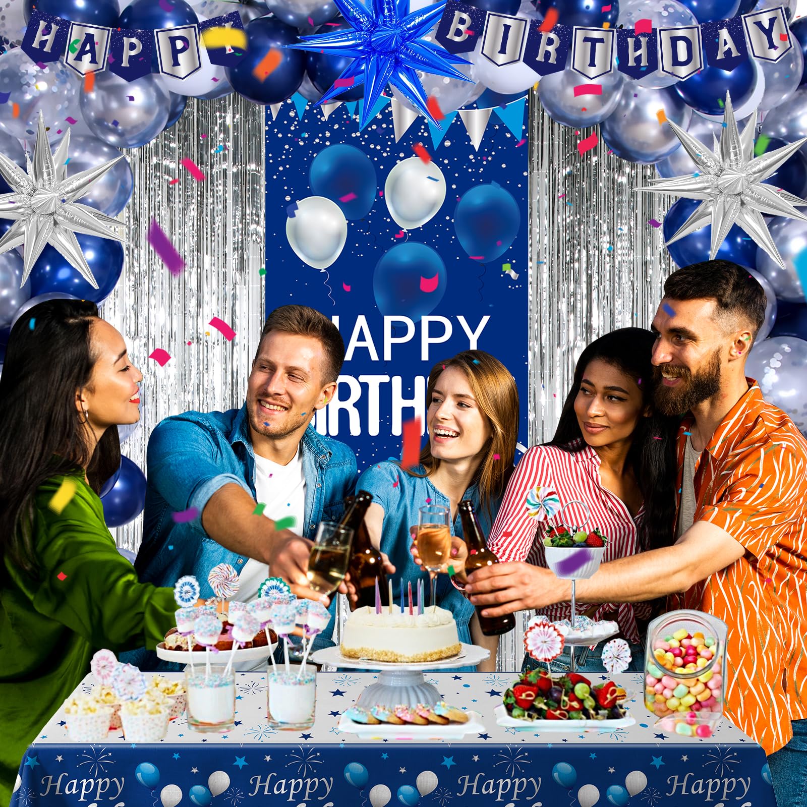 Pounira navy blue birthday banner complements decor and photos.