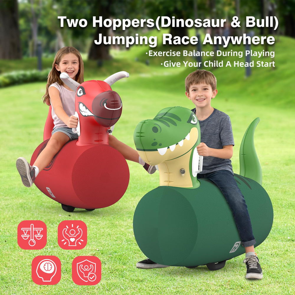 POVRYE inflatable two-pack with dinosaur and bull enables active play sessions.