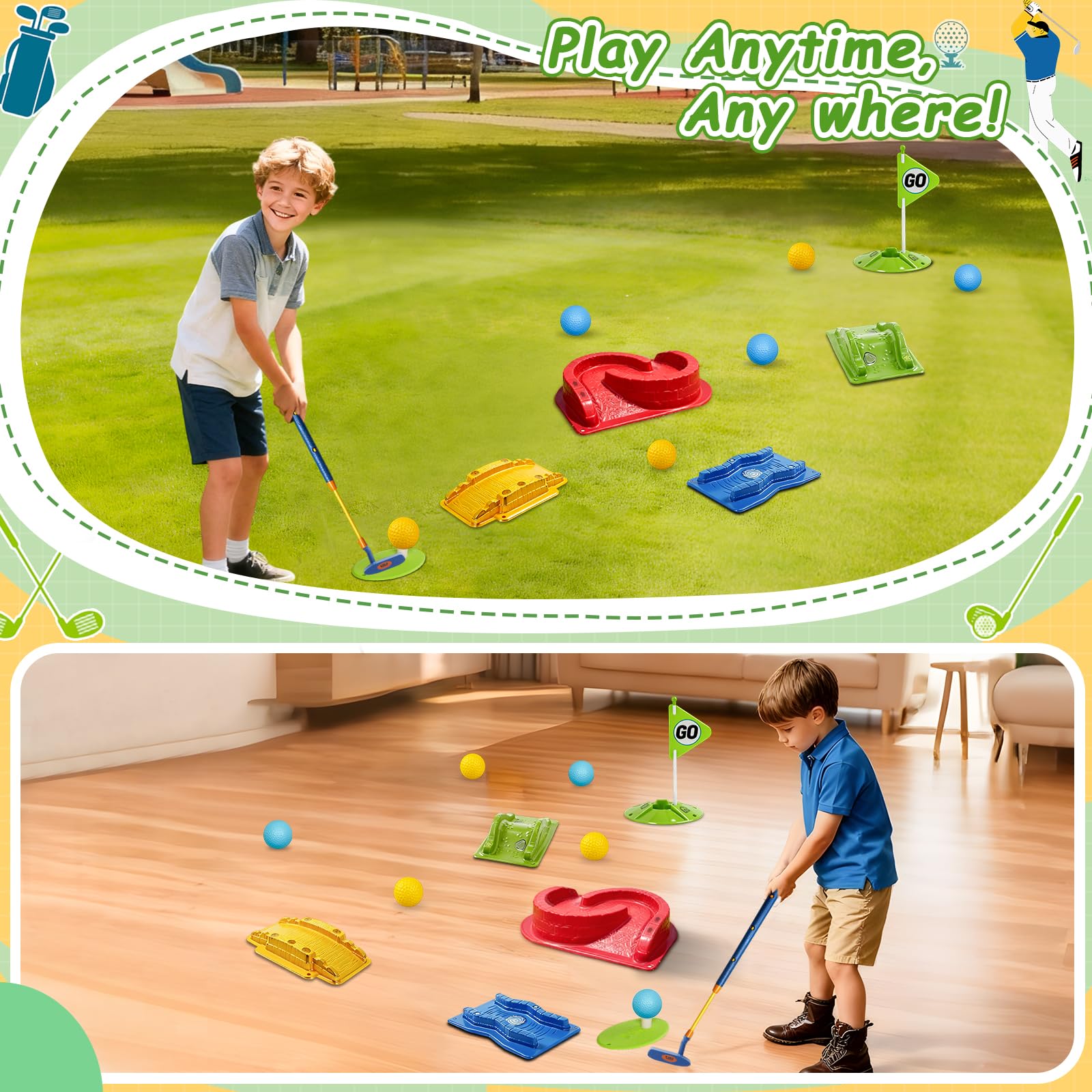 Powcava hole cup and launch pads creating a realistic mini golf setup