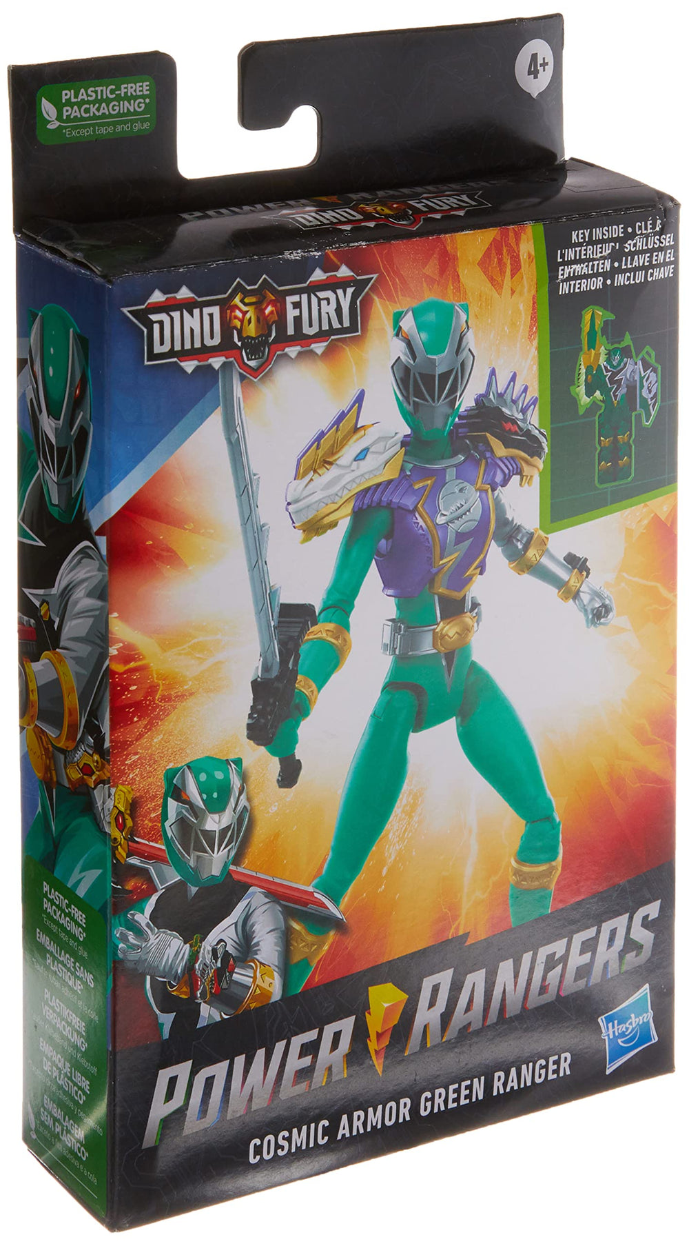Power Rangers Dino Fury Green Ranger displayed with detailed armor for display and storytelling.