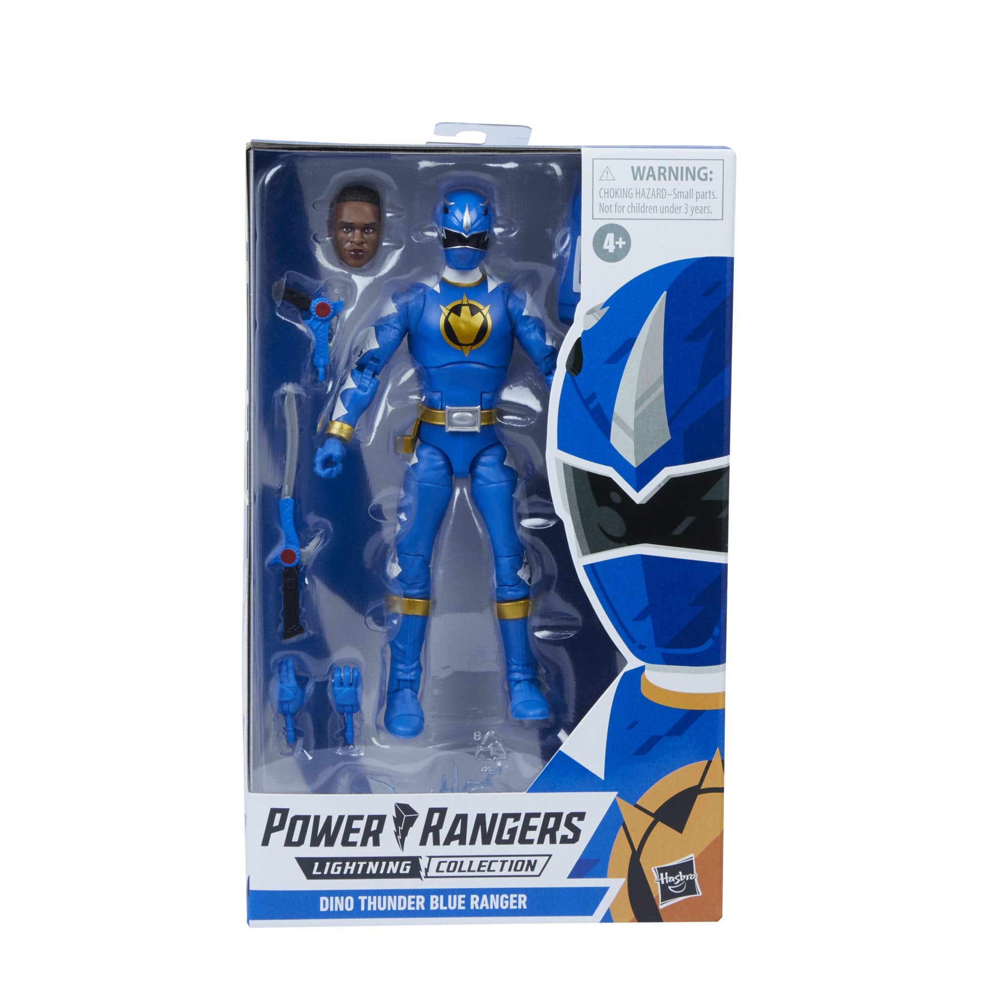 Dino Thunder Blue Ranger swap heads option for helmeted or unhelmeted display.