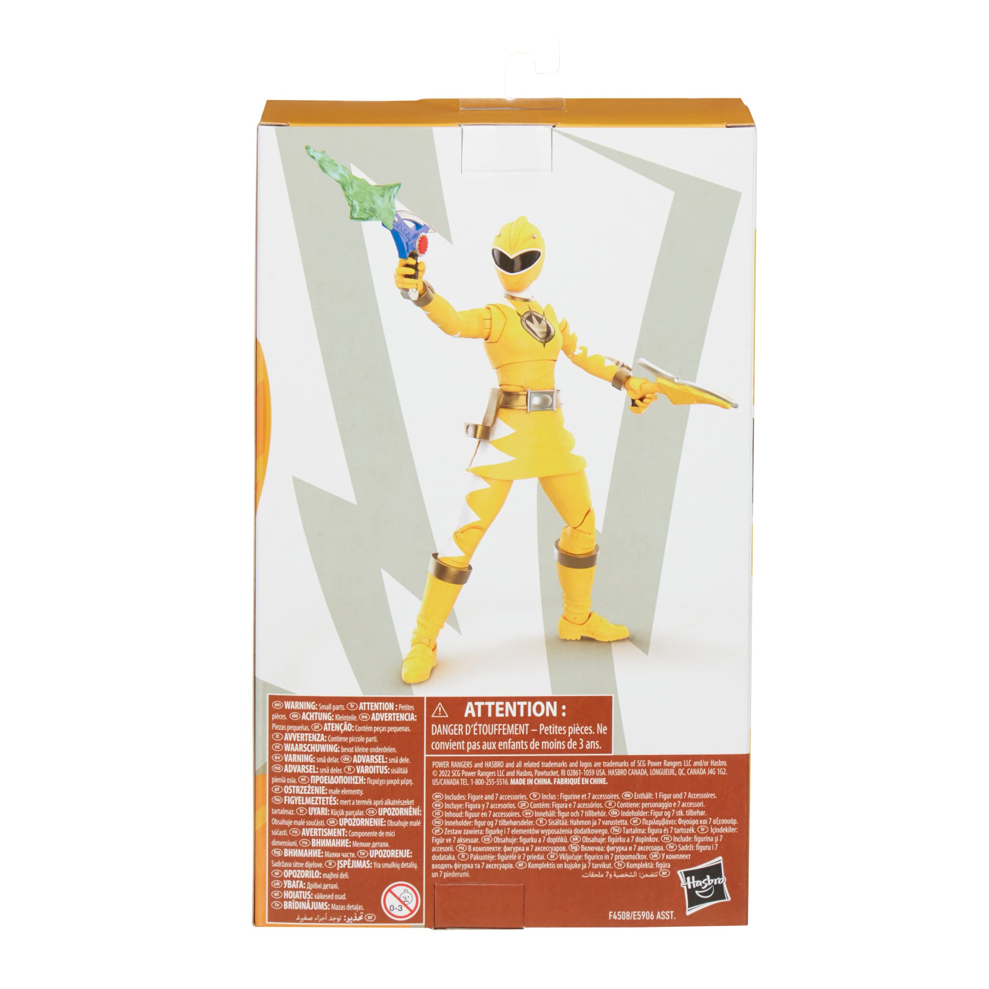 Power Rangers Dino Thunder Yellow Ranger swappable heads for helmeted and unhelmeted looks.