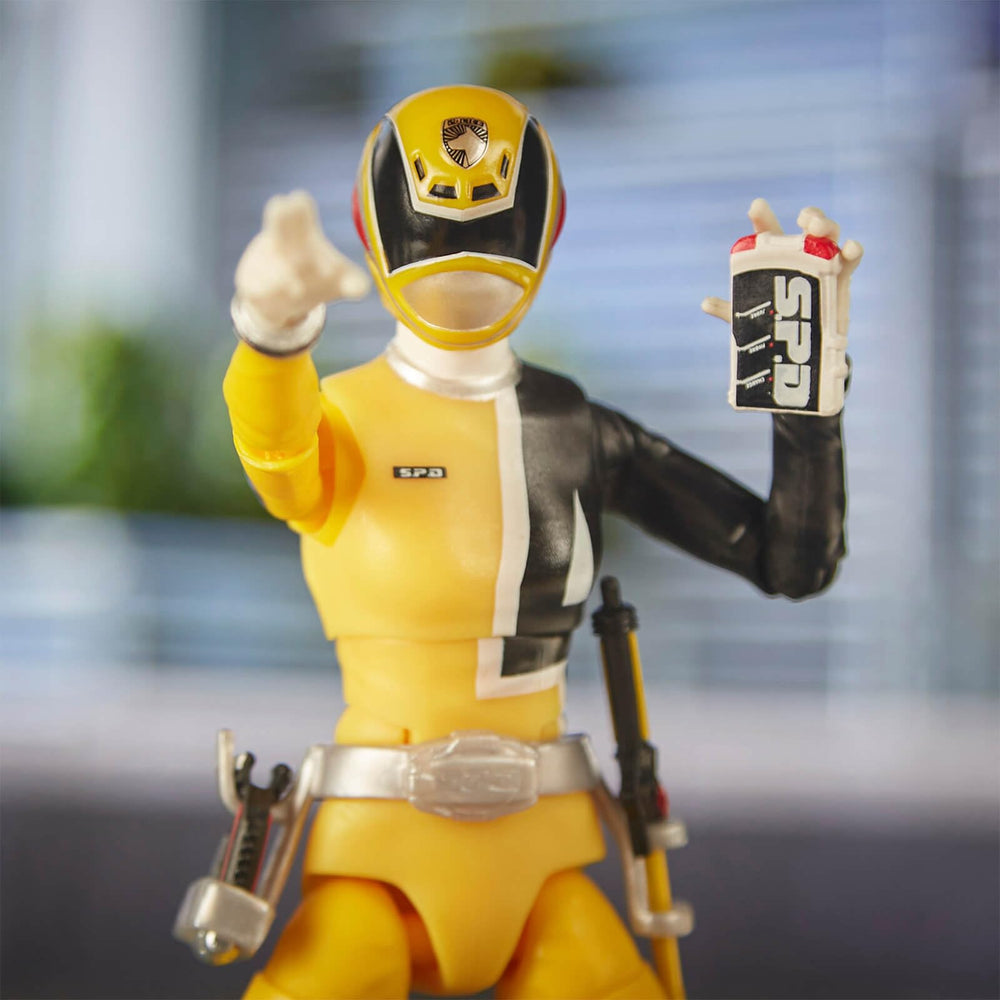 Power Rangers Lightning Collection S.P.D. Yellow Ranger collectible display piece for fans and shelf decor.