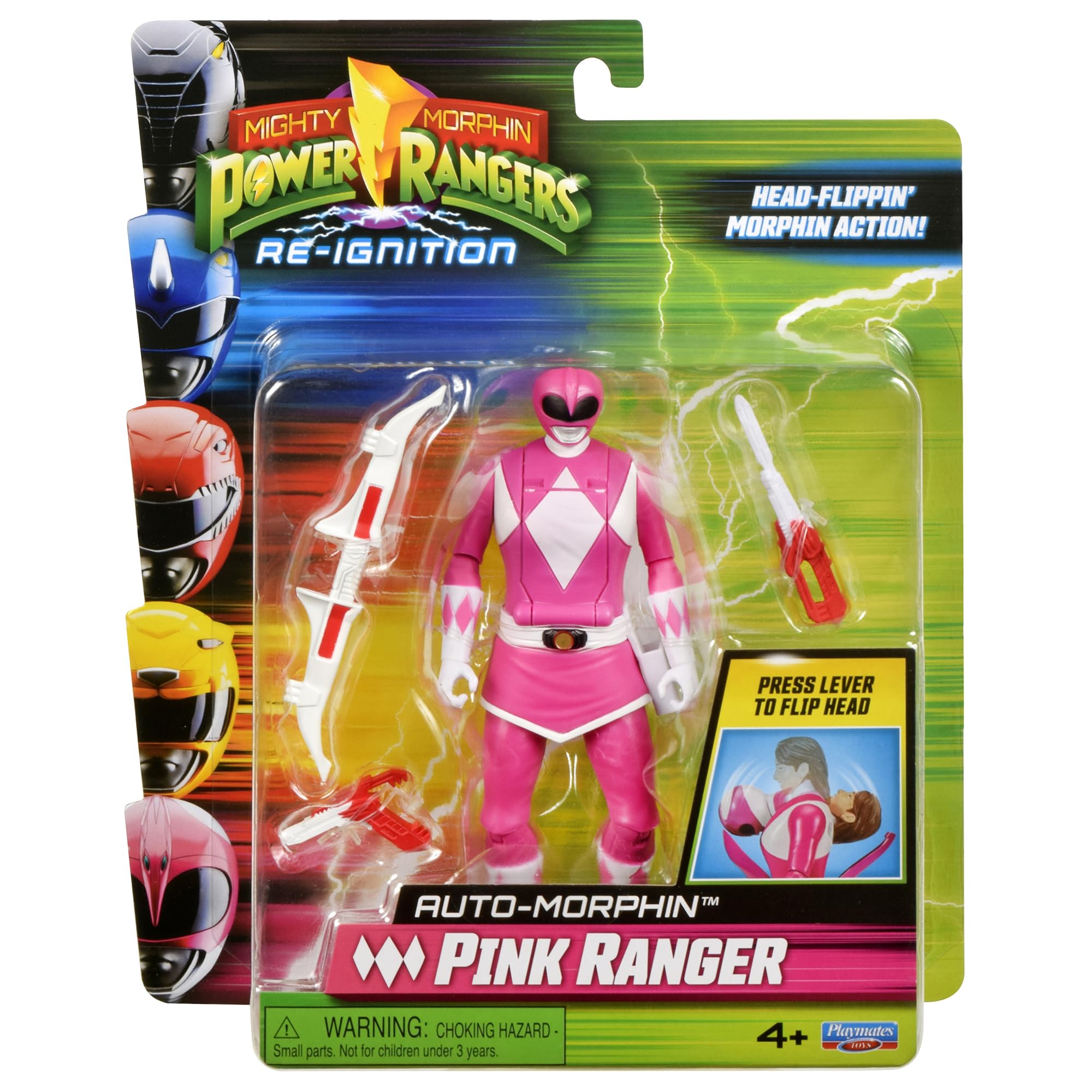 Power Ranger Pink Ranger back lever morph action encourages quick transformation during play.