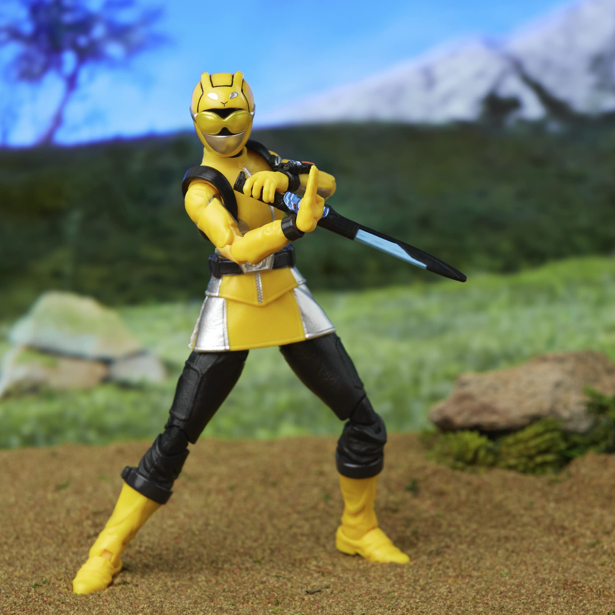 Power Rangers Yellow Ranger display on a shelf with vibrant color