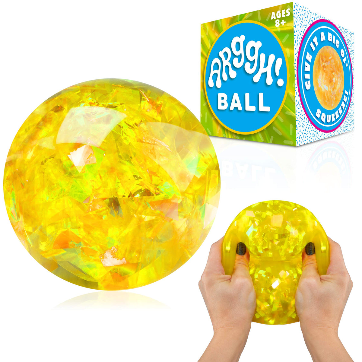 Power Your Fun Arggh glitter stress ball in yellow for tactile relief during study.