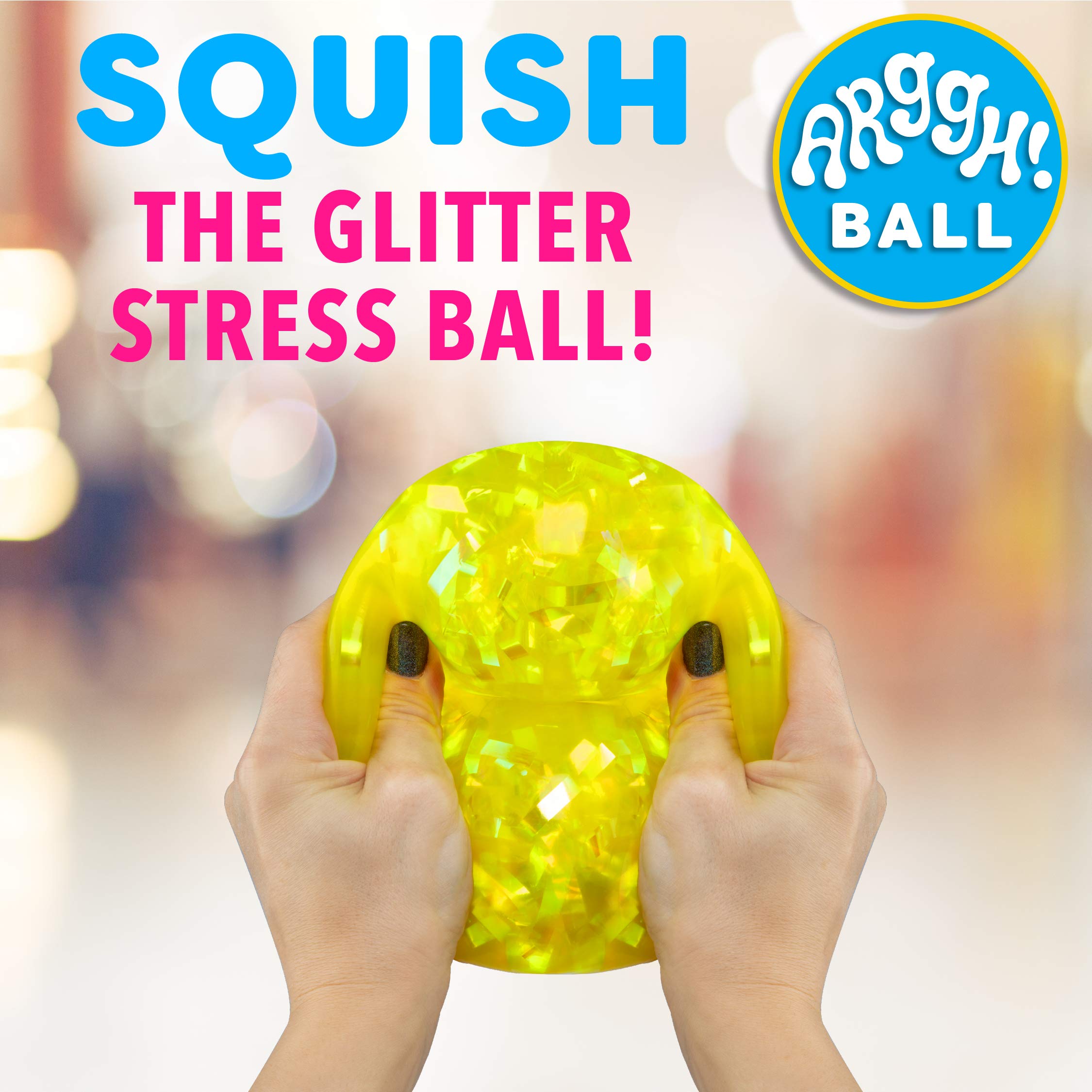 Close-up of Arggh stress ball showing foil glitter and squishy texture for sensory play.