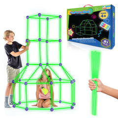 Power Your Fun Fun Forts Glow Fort Building Kit on a table with glow-in-the-dark rods and spheres for creative play