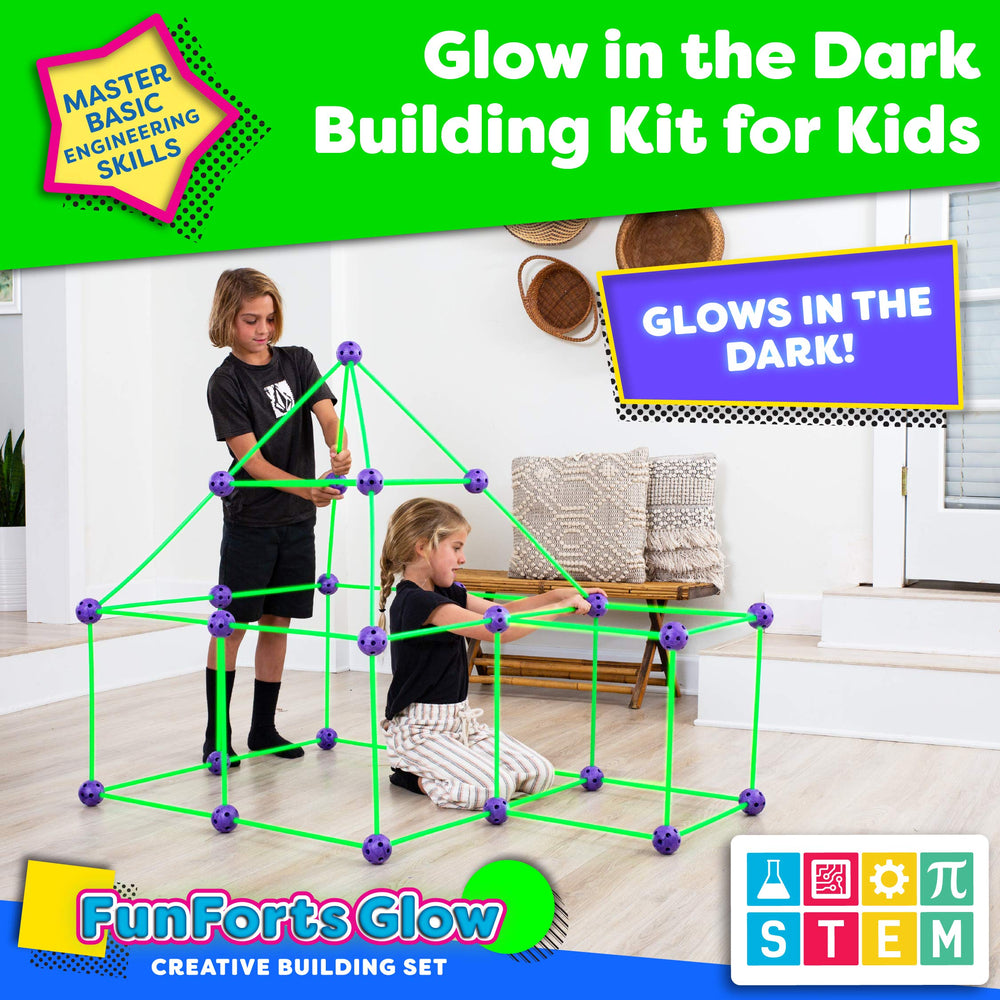 Glow pieces glowing after light exposure from the Power Your Fun Fun Forts kit for night play
