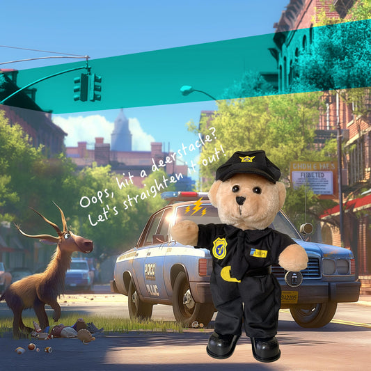 PowerPals police teddy bear waves hello for interactive fun.