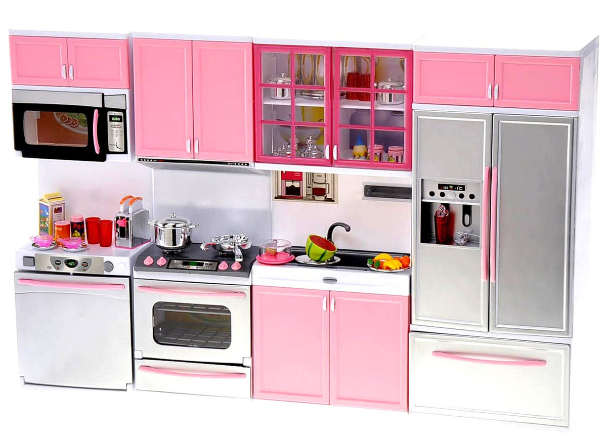 PowerTRC Doll Kitchen Play Set with door open demonstrates interactive storage during pretend meals.