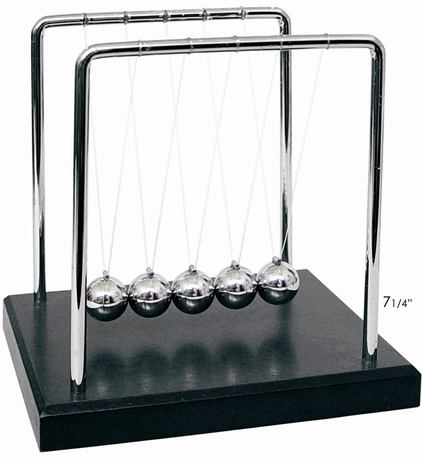 PowerTRC Newtons Cradle balance balls showing momentum transfer on a stylish desk.