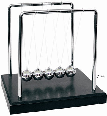PowerTRC Newtons Cradle balance balls showing momentum transfer on a stylish desk.
