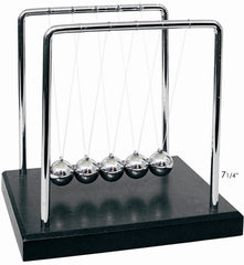 PowerTRC Newtons Cradle balance balls showing momentum transfer on a stylish desk.