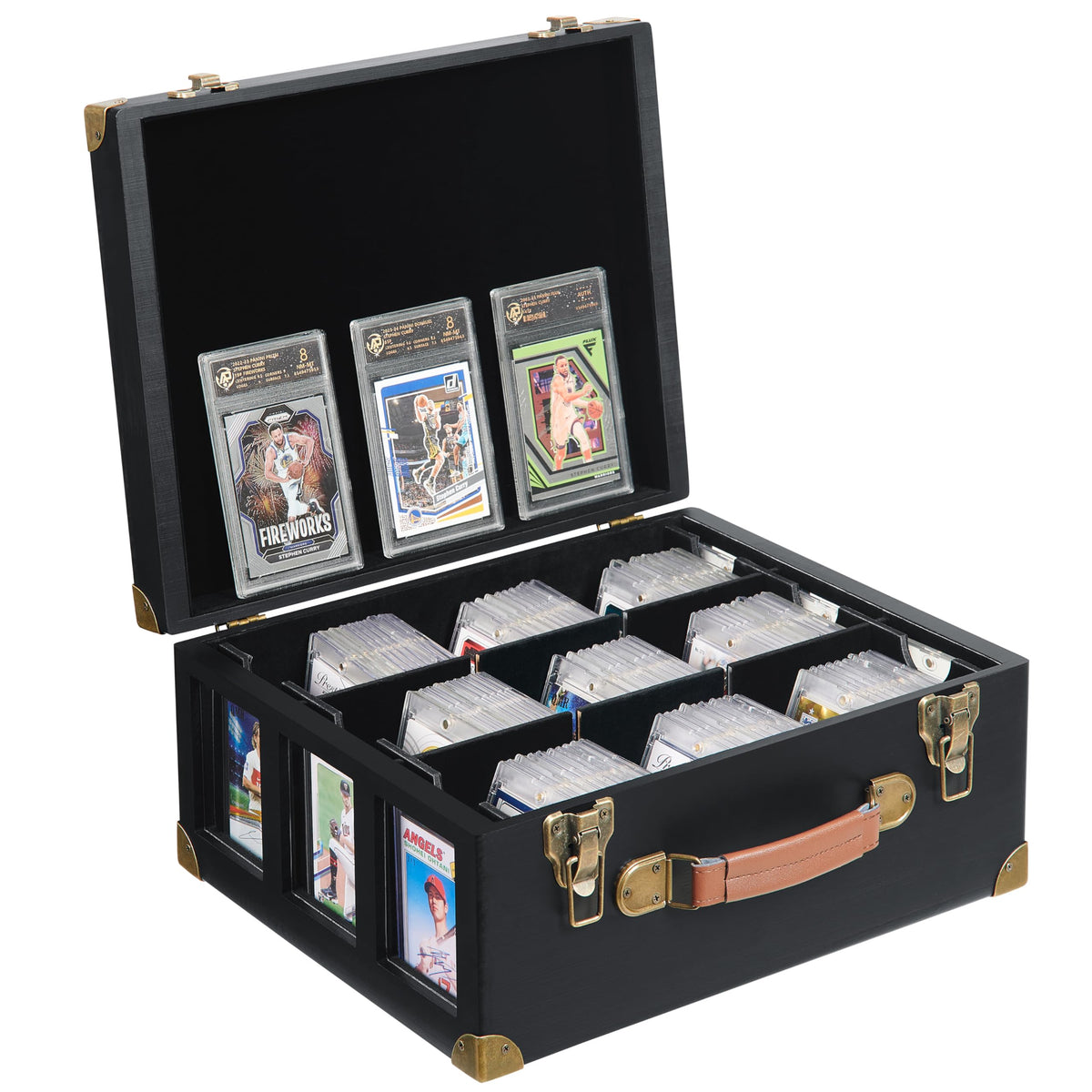 Poyilooo graded card storage box front view highlights sturdy construction for easy access.